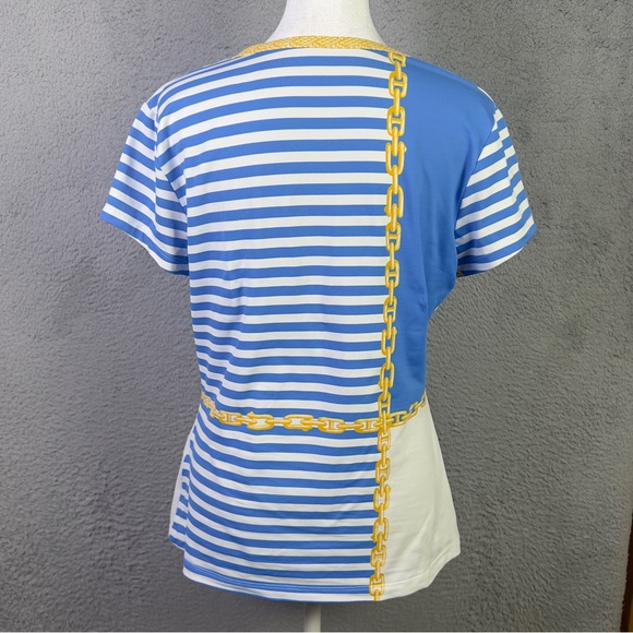 J Mclaughlin Top Womens Medium Blue White Striped Catalina Cloth Short Sleeve - Picture 3 of 9